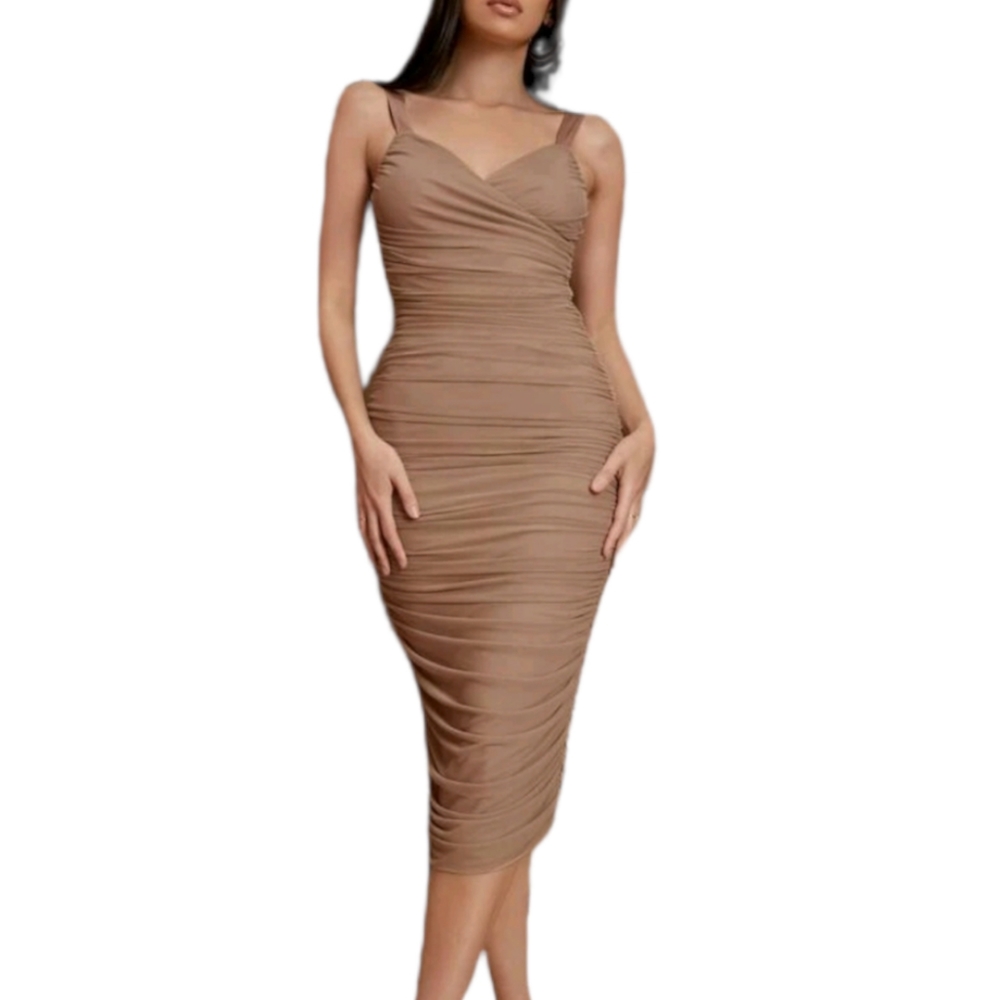 Mocha Brown Mesh Slim Fit Bodycon Midi Dress